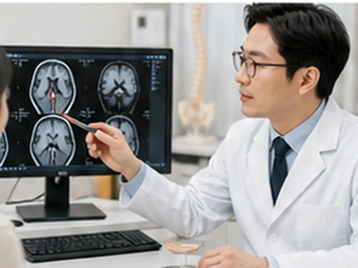 신경과 의료진이 뇌 MRI 영상을 설명하는 모습