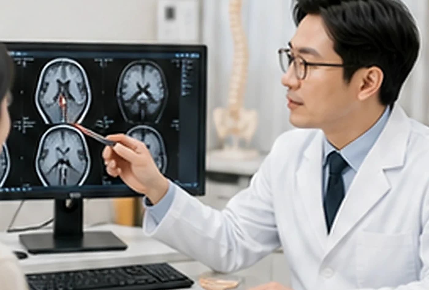 뇌 MRI 영상을 보며 검사 결과를 설명하는 의료진
