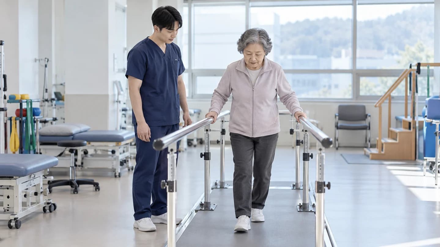 평행봉을 이용한 균형 회복 훈련 안내 이미지