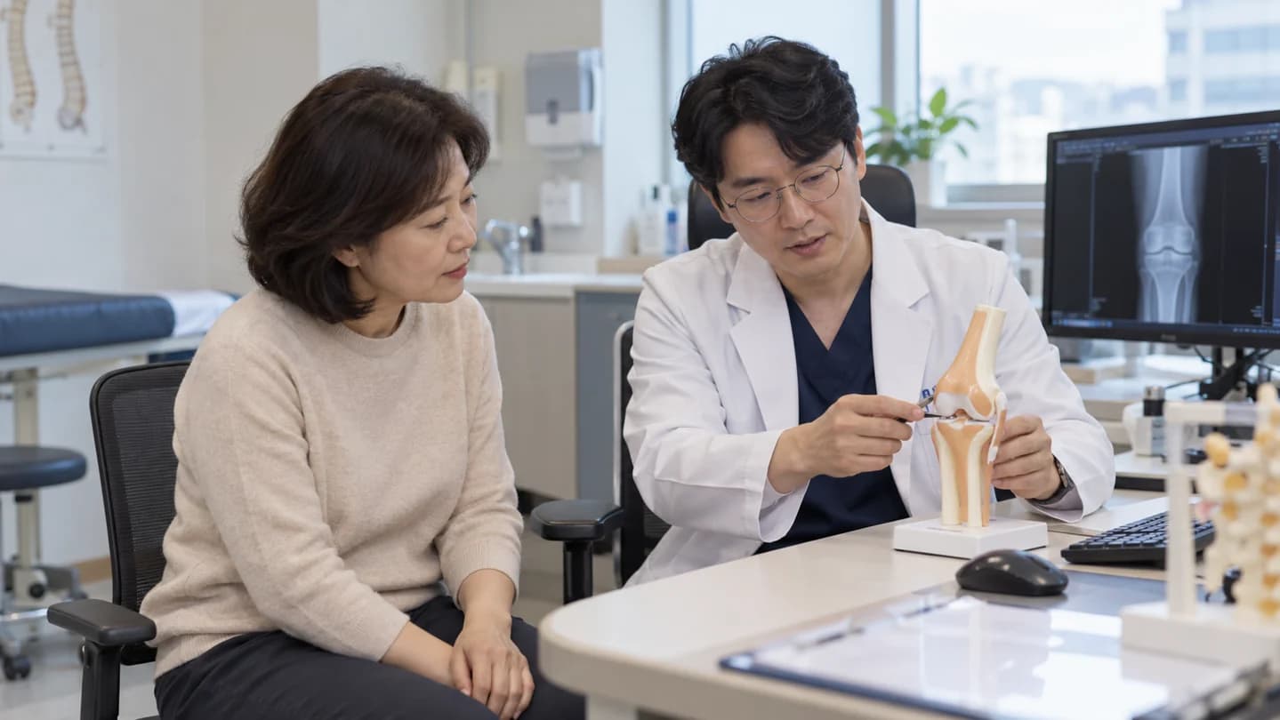 관절 모형으로 치료 방향을 설명하는 진료 안내 이미지